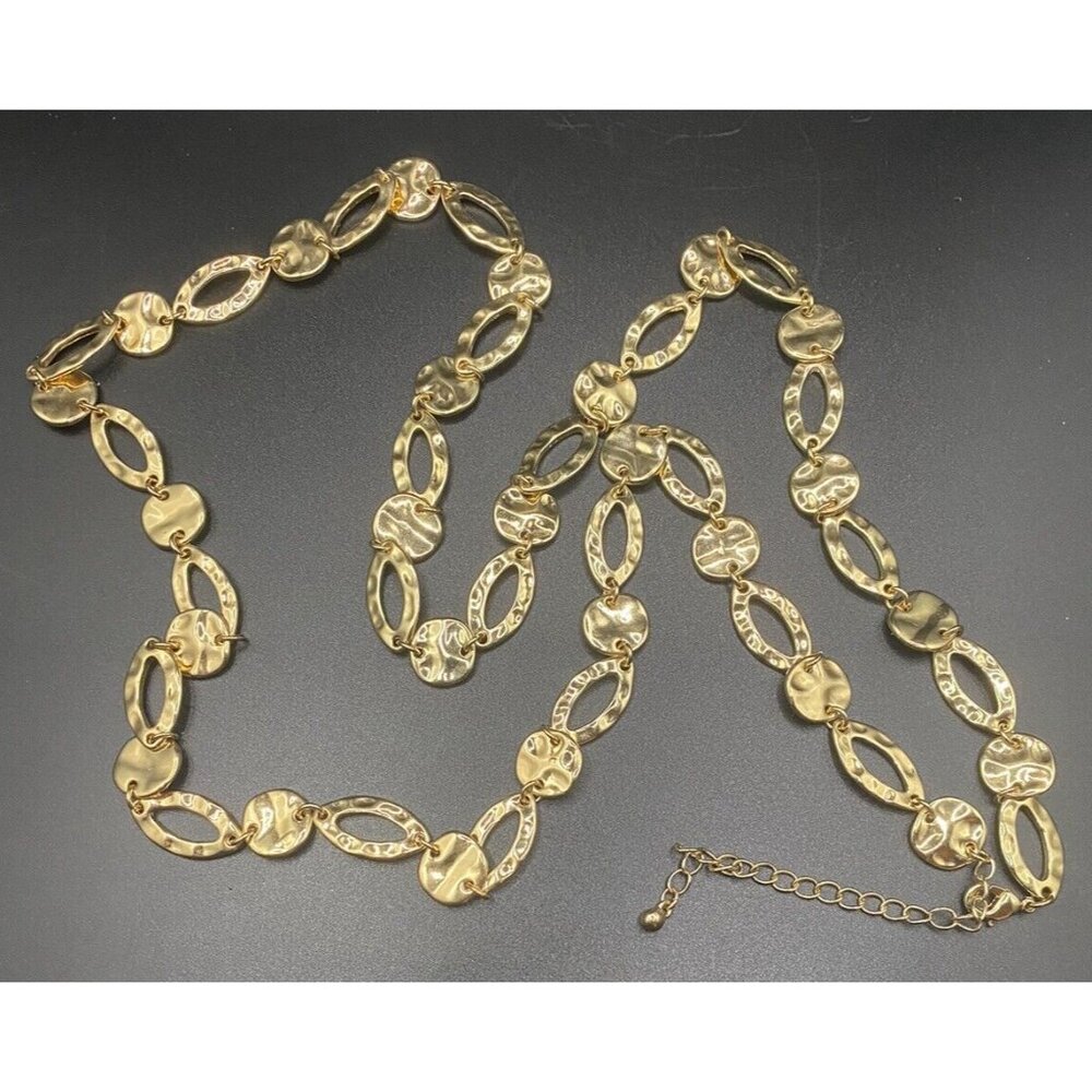 Polished Hammered Discs Necklace Yellow Gold Tone Fashion Links 36 + 3" 80's - Picture 3 of 4